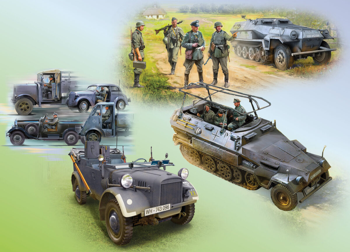 ICM: 1/35 Battle of France, spring 1940. German combat vehicles (Sd.Kfz.251/1 Ausf.A, Sd.Kfz.251/6 Ausf.A, le.gl.Einheitz-Pkw Kfz.2, German Drivers (1939-1945)) - Bilde 1