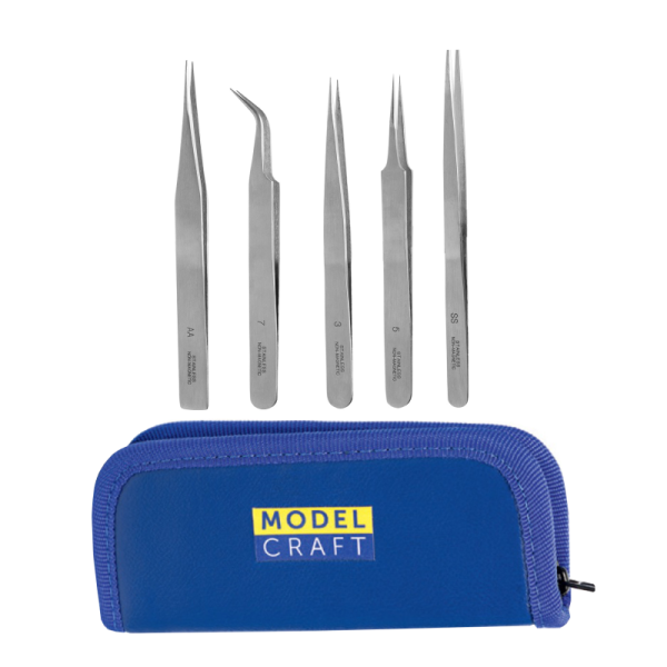 Model Craft: Stainless Steel Tweezers 5 pcs. anti magnetic w.storage case